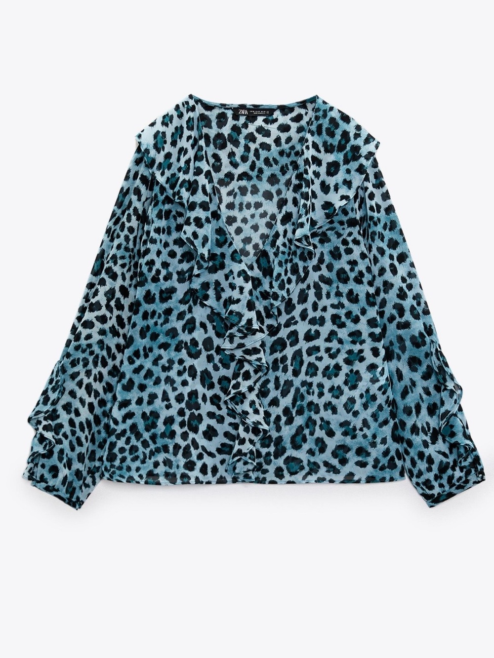 Zara Teal and Black Leopard Ruffle V-Neck Blouse